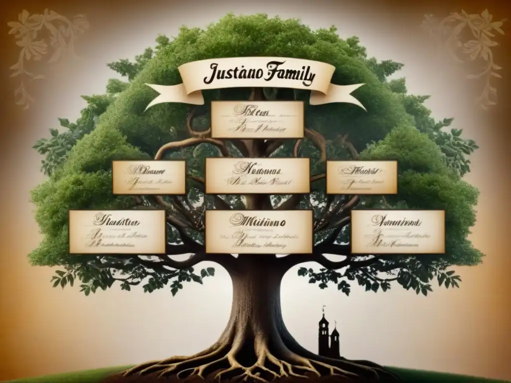 Diagrama genealógico vintage de la familia Justiniano, con tonos sepia, caligrafía elegante y símbolos imperiales