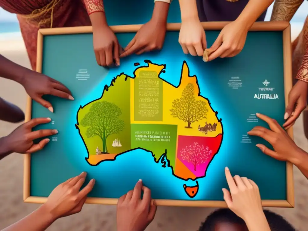 Representación digital detallada de personas de distintos orígenes culturales uniendo piezas de rompecabezas en forma de Australia