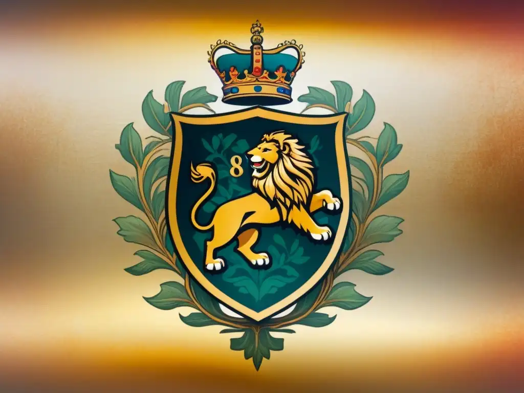 Digitalización de escudos de armas en un pergamino desgastado con un escudo heráldico detallado y colores ricos