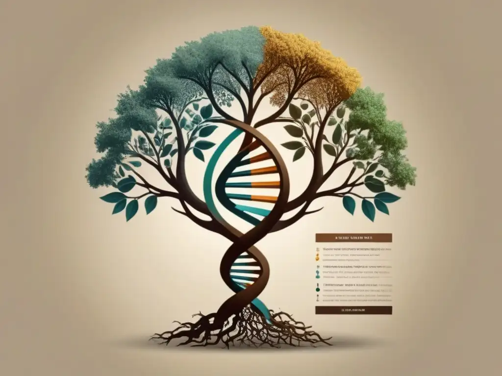 Un diseño vintage de un ADN entrelazado con un árbol genealógico, fusionando ciencia y genealogía en la búsqueda de nuestros orígenes