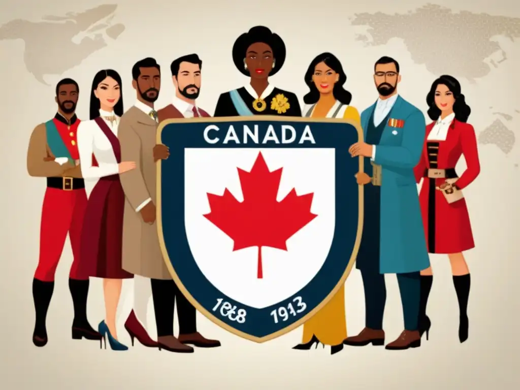 Diversidad de personas con blasones familiares canadienses, representando la historia de apellidos canadienses influencias