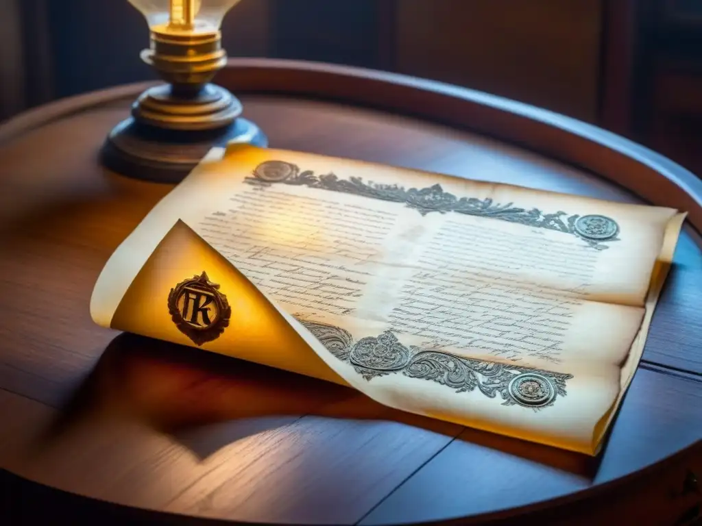 Interpretando documentos antiguos genealogía: Pergamino con caligrafía ornamental y sellos históricos, iluminado por lámpara en mesa de madera