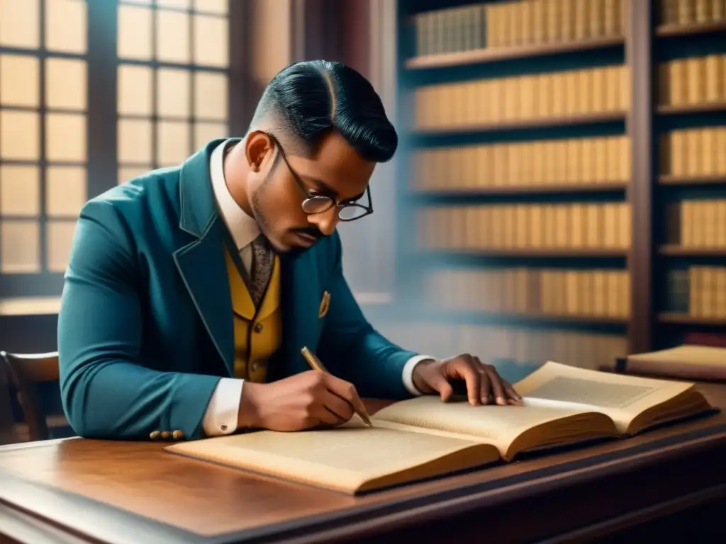 Explorando documentos antiguos con lupa en biblioteca oscura