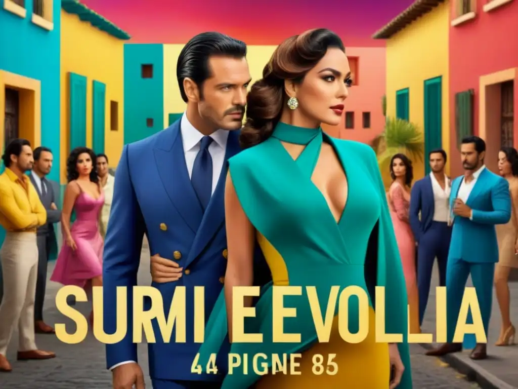 Dramática escena de telenovela latinoamericana con historia de apellidos, pasión y misterio en vibrantes colores