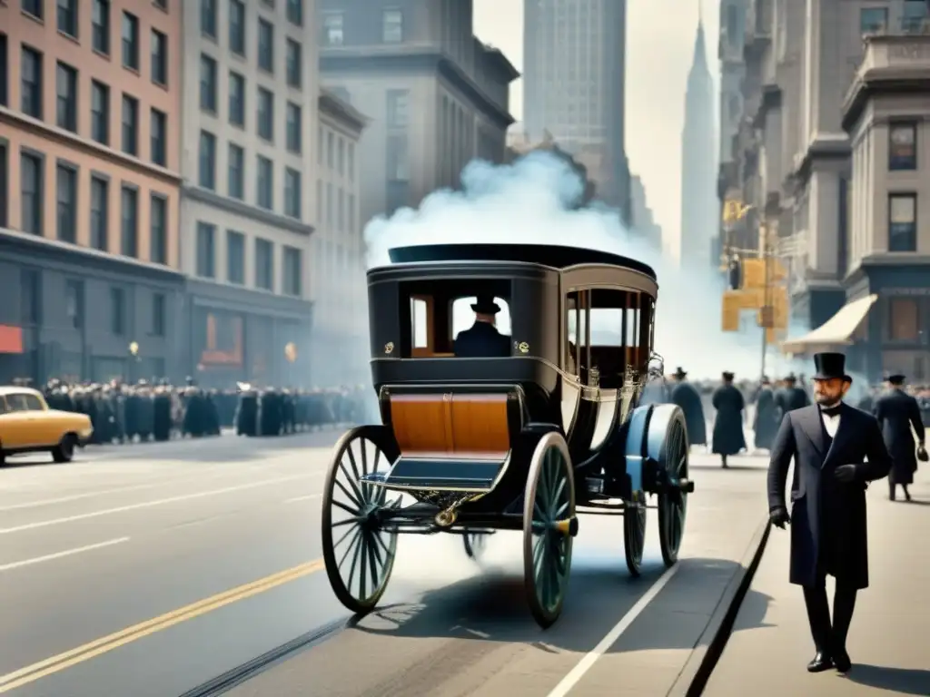 La elegancia del Nueva York del siglo XX con carros de caballos y edificios históricos