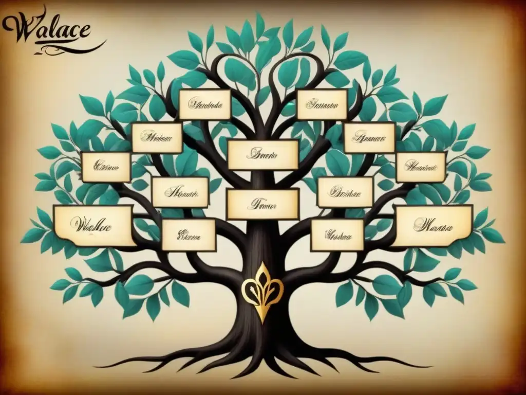 Un elegante árbol genealógico del apellido Wallace nobles, mostrando la rica historia de la familia con caligrafía detallada