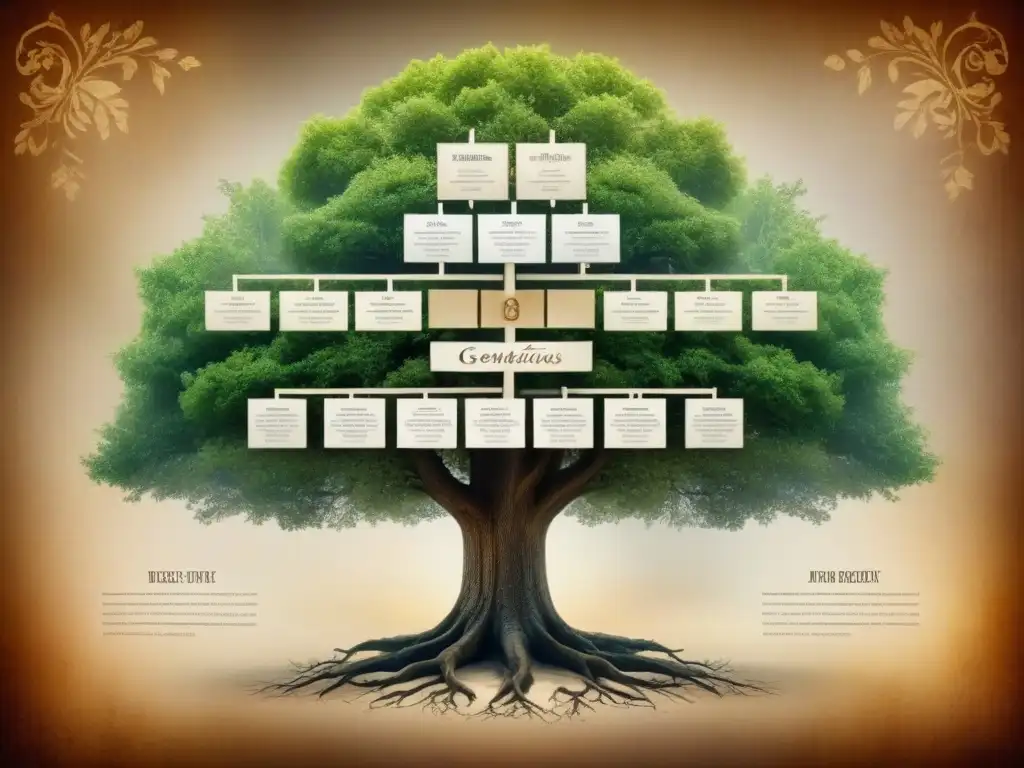 Un elegante árbol genealógico vintage con detalles de caligrafía, fotos antiguas y escudos, sobre pergamino envejecido
