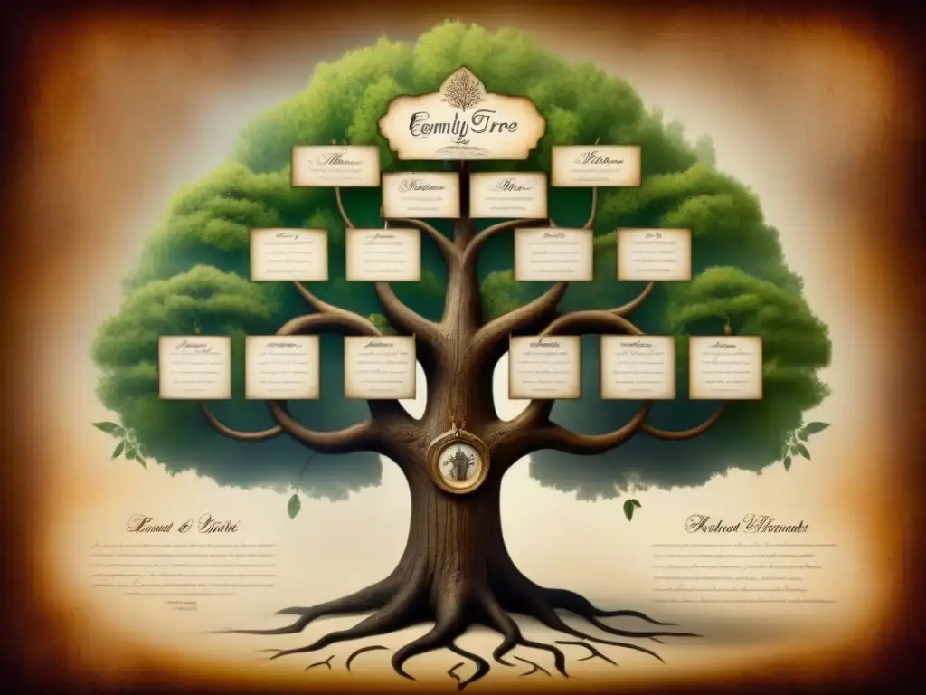 Un elegante árbol genealógico vintage con detallada caligrafía que muestra la historia de apellidos que comienzan con la letra 'A'