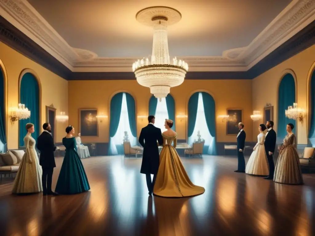 Elegante baile de nobles en un salón lujoso, mostrando contrastes sociales con detalles opulentos