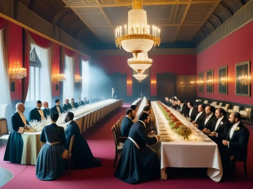 Elegante escena histórica en un salón de banquetes, reflejando la evolución social a través de los apellidos y la genealogía