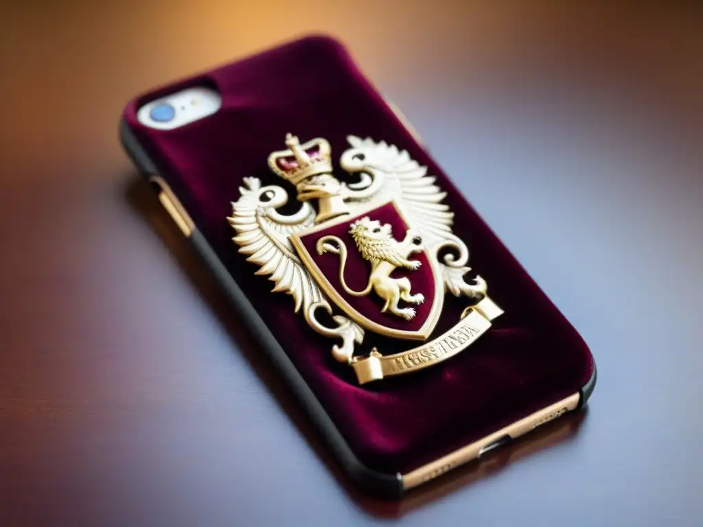 Elegante funda de smartphone vintage con escudo heráldico detallado en tonos dorados y plateados sobre terciopelo burdeos