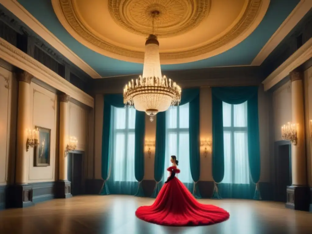 Elegante salón de baile en un castillo histórico con nobles vestidos de época, evocando series de época