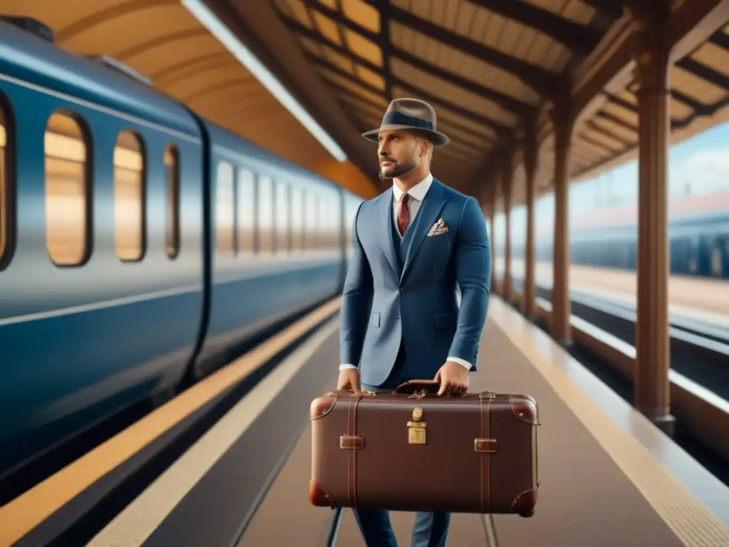 Un elegante viajero con accesorios personalizados con escudos de armas en una estación de tren del siglo XX