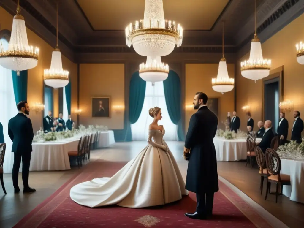 Elegantes nobles conversan en un lujoso salón de baile