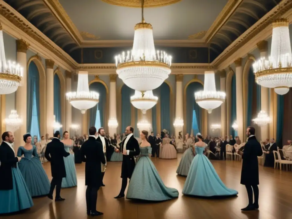 Elegantes nobles bailan en un salón del siglo XVIII, reflejando la evolución de apellidos en la sociedad