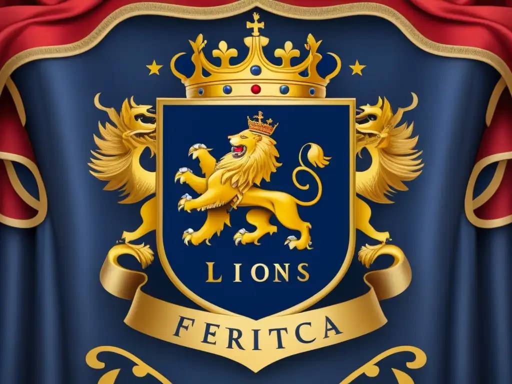 Emblema heráldico europeo majestuoso con leones, flores de lis y corona real en azules, rojos y dorados