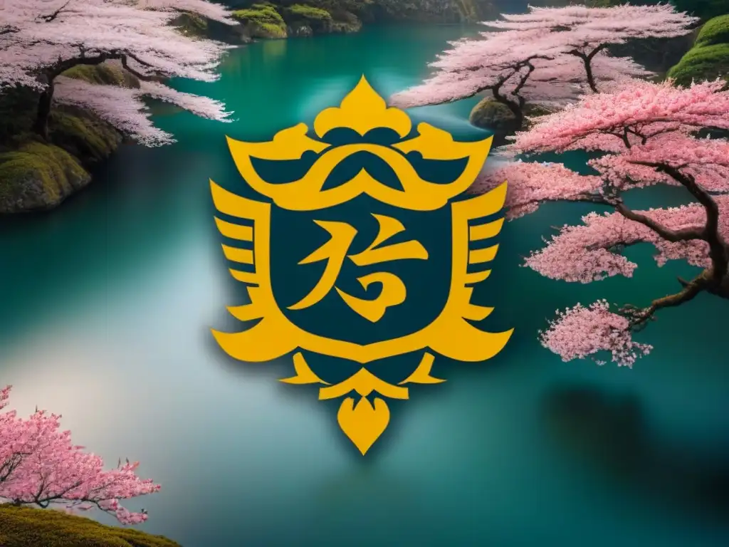 Kamon japonés: simbolismo de la naturaleza y la sociedad Emblema familiar japonés detallado con elementos naturales y delicados toques dorados, evocando historia apellidos japoneses conexión naturaleza