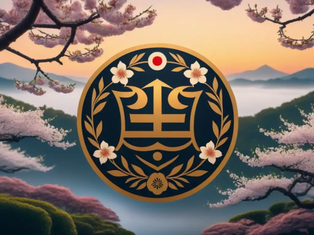 Emblema familiar japonés con patrones detallados y cerezos en flor bajo la luna, historia apellidos japoneses genealogía