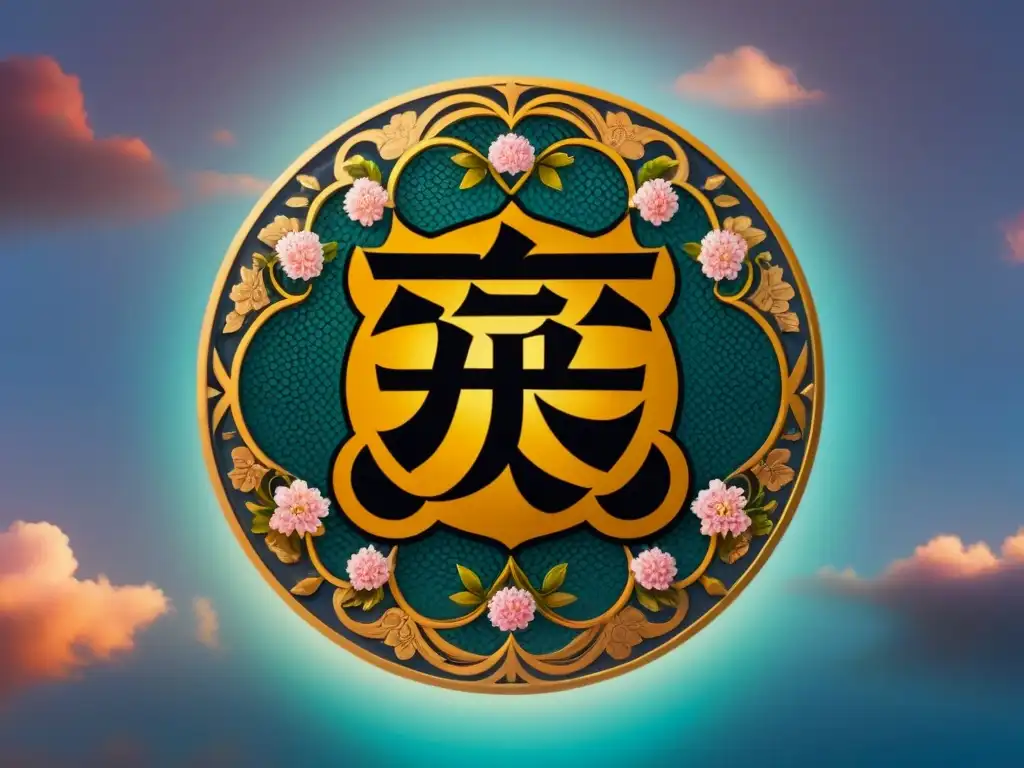 Emblema familiar japonés vintage con patrones geométricos y elementos naturales, como cerezos en flor y nubes, simbolizando herencia y linaje