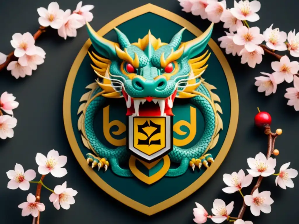 Emblema familiar japonés vintage con dragón y cerezos, historia apellidos japoneses revelada