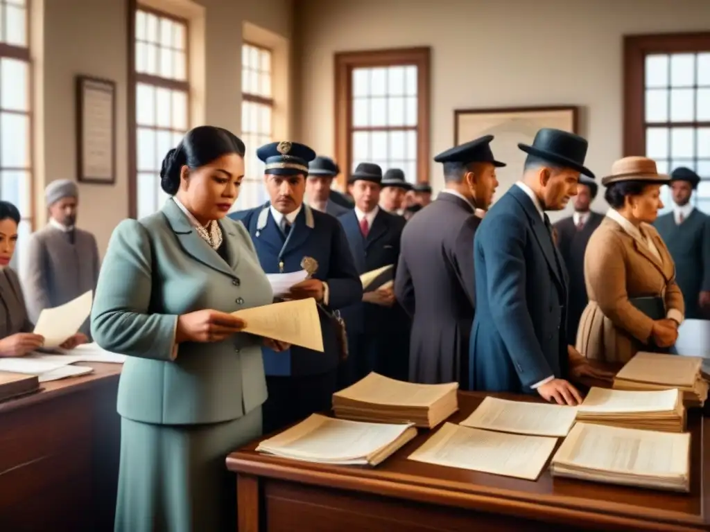 Emotiva ilustración vintage de una abarrotada oficina de inmigración en el siglo XX, reflejando el impacto de las políticas de esa era en apellidos