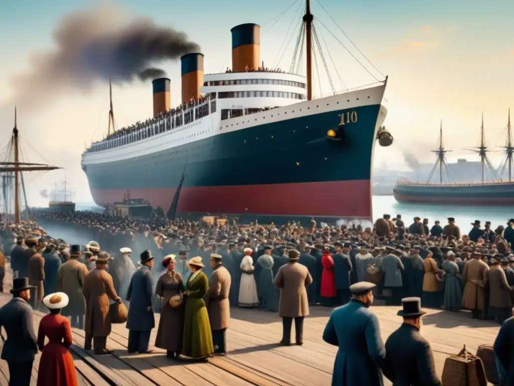 Emigración en el puerto: escena detallada del siglo XIX Emotiva ilustración vintage de un bullicioso puerto de inmigración en el siglo XIX