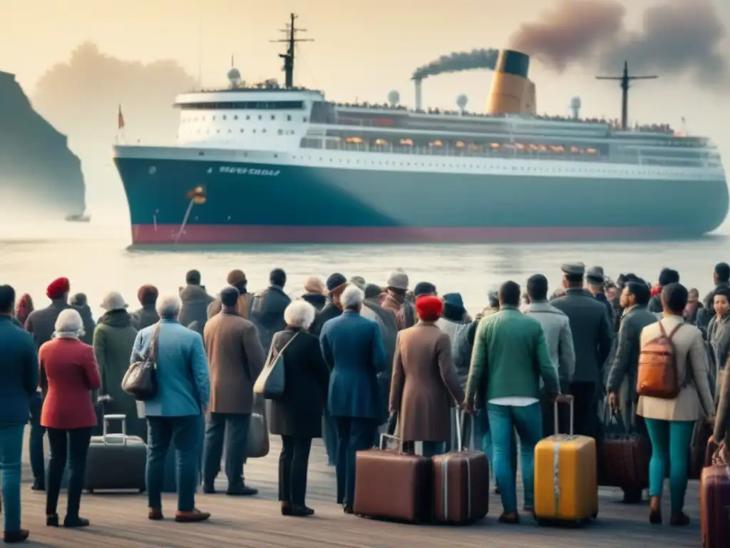 Una emotiva escena de despedida en un muelle abarrotado, con personas de distintas edades y orígenes, llevando maletas y mirando hacia un barco lejano