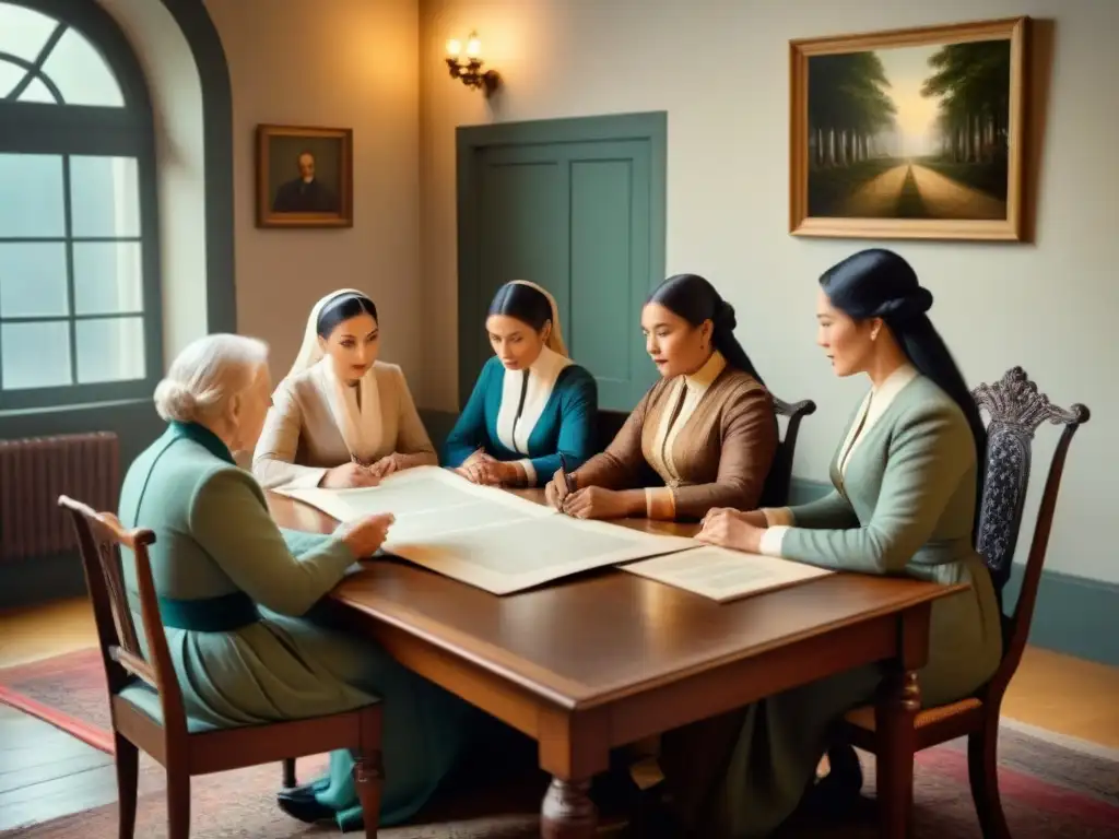 Emotiva escena de genealogía matrilineal con mujeres de diferentes generaciones, compartiendo historias familiares alrededor de una mesa antigua