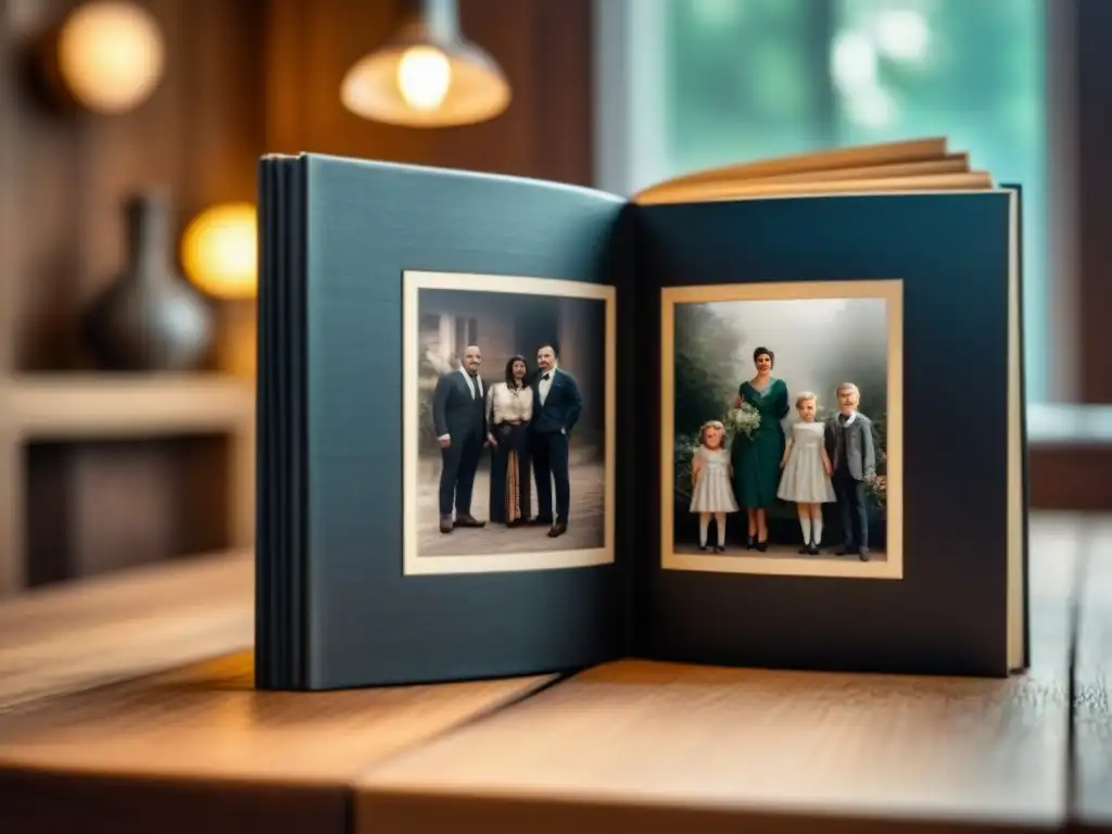 Álbum familiar vintage: retrato emocional en sepia Una emotiva foto familiar en un álbum vintage sobre mesa de madera