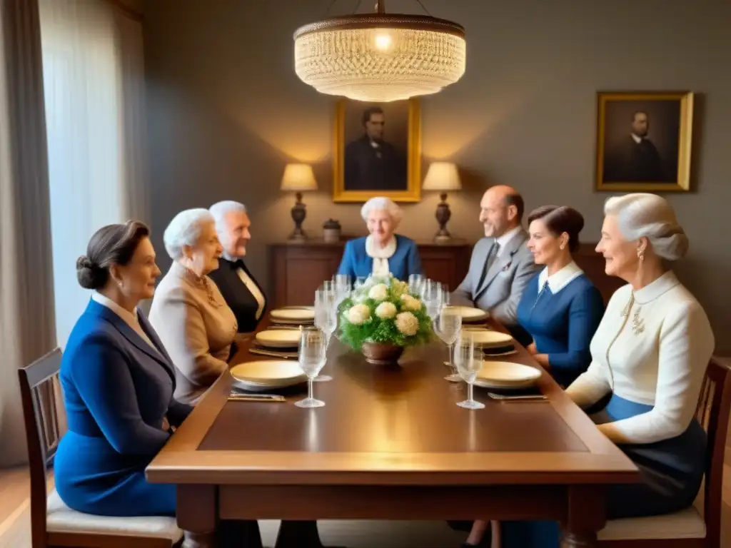 Un emotivo encuentro familiar alrededor de una mesa de madera con fotografías antiguas, descubriendo historia familiar