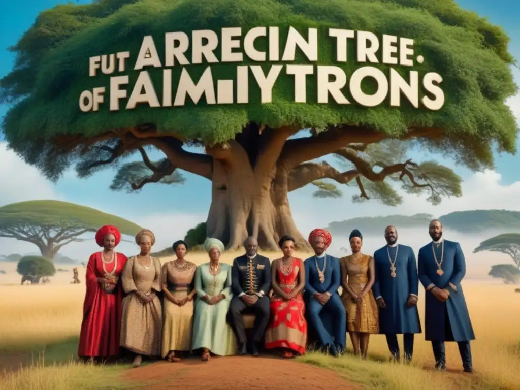 Un emotivo retrato de la exploración genealogía africana online bajo un árbol ancestral en una serena vista africana