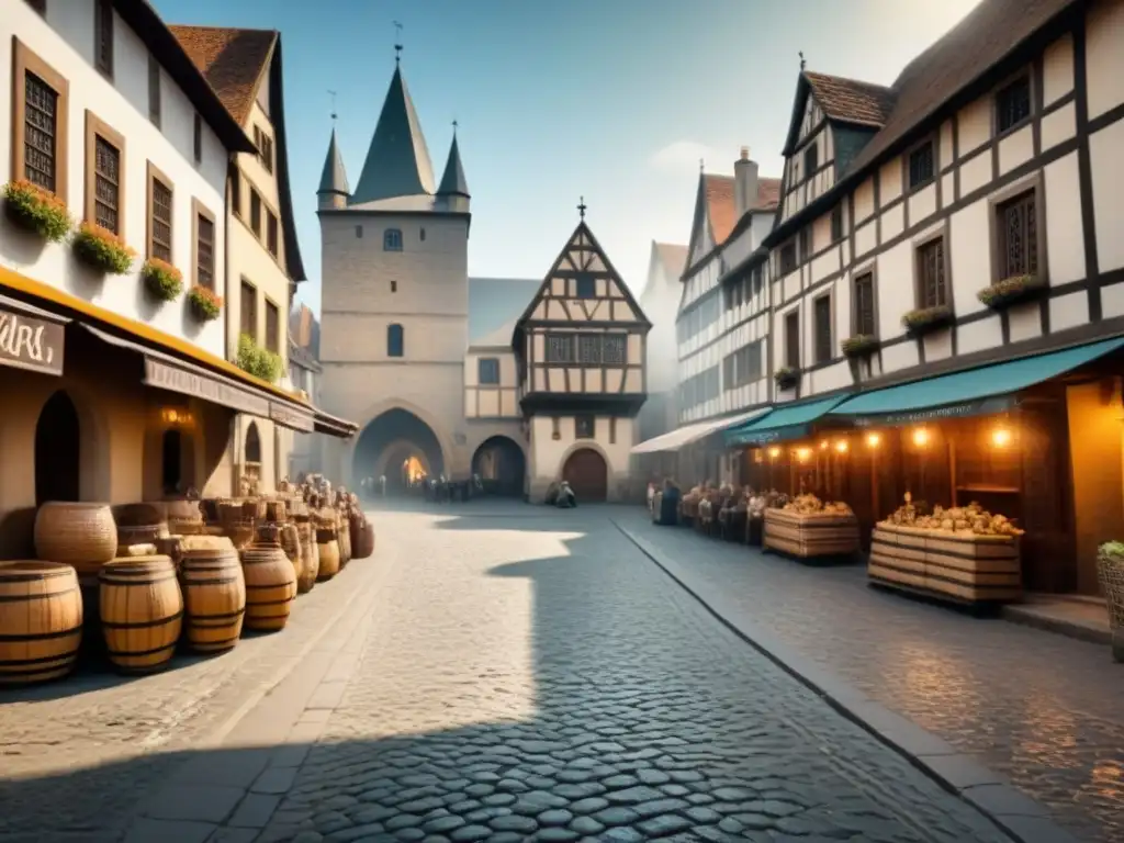 Una encantadora plaza medieval con una fuente esculpida y gente vestida de época