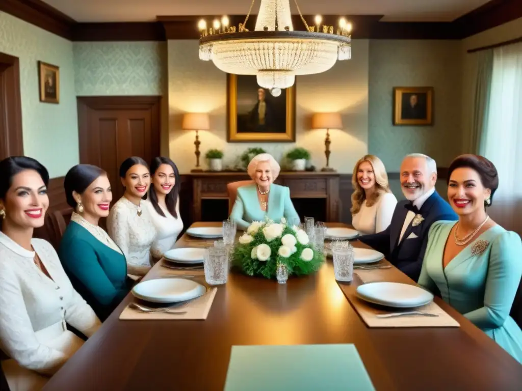 Un encuentro familiar histórico alrededor de una mesa de madera, exudando calidez y nostalgia