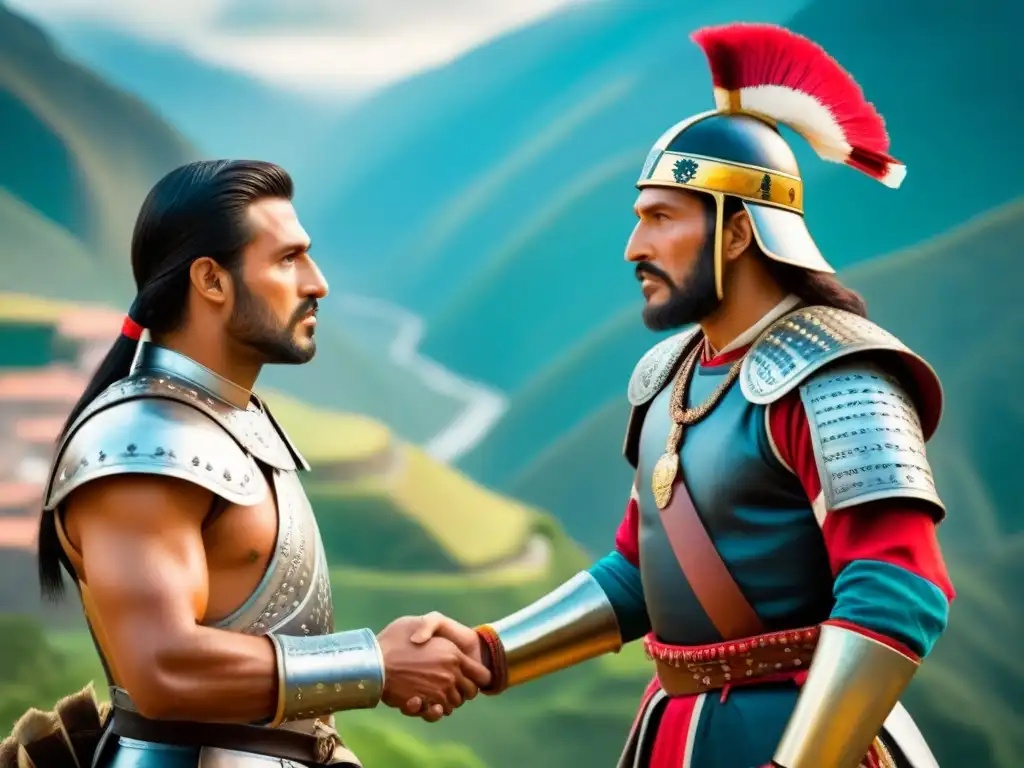 Encuentro histórico entre Francisco Pizarro y Atahualpa, ilustración detallada en estilo vintage