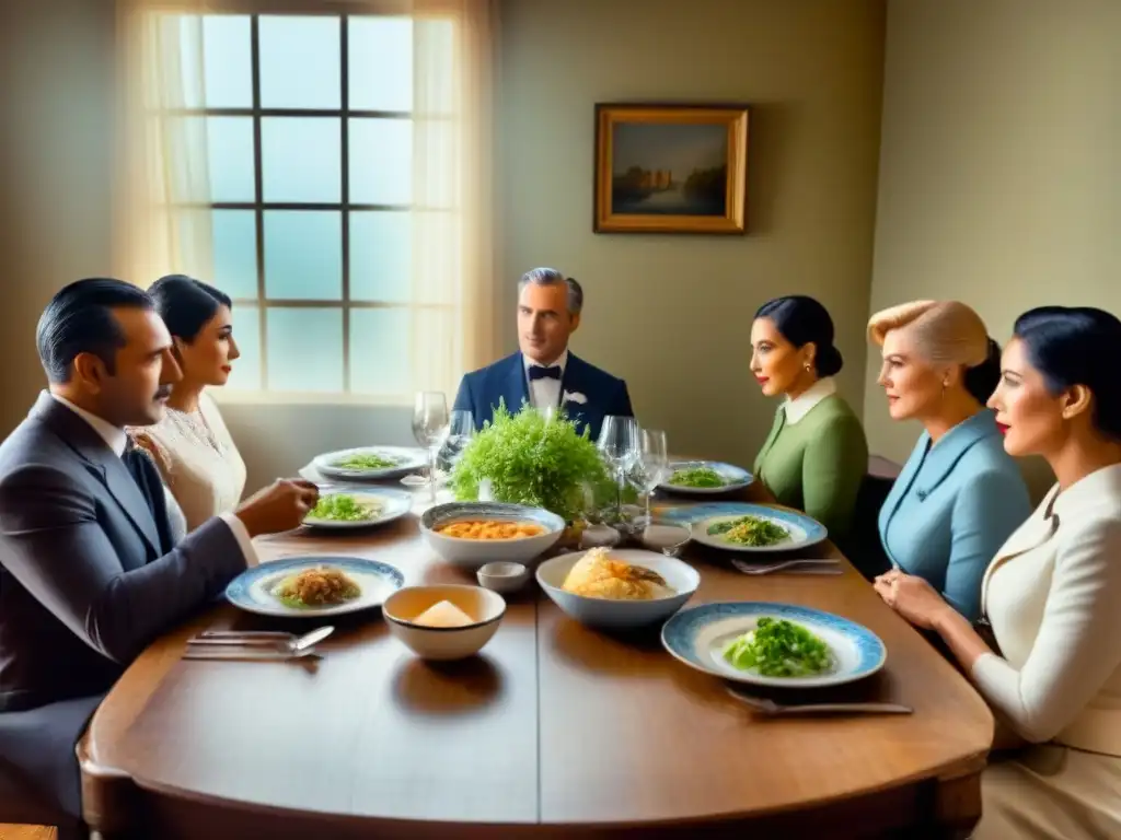 Una entrañable reunión familiar en una mesa antigua, con expresiones cálidas y conexión