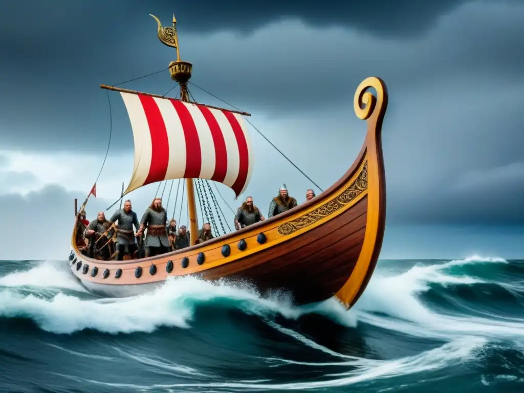 Una épica ilustración vintage de un barco vikingo surcando mares tormentosos con guerreros y escudos con emblemas escandinavos