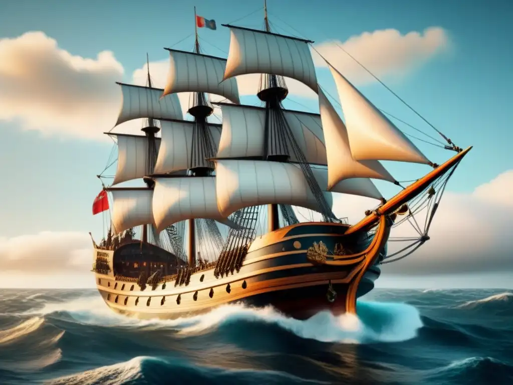 Una épica ilustración vintage en 8k de un majestuoso barco del siglo XVI con el escudo de los Enríquez, navegando en mares turbulentos