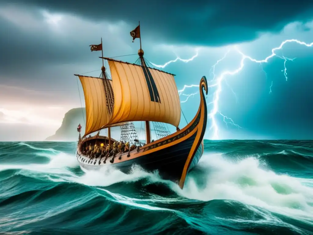 Una épica ilustración vintage de un majestuoso drakkar vikingo surcando mares turbulentos bajo un cielo tormentoso lleno de relámpagos