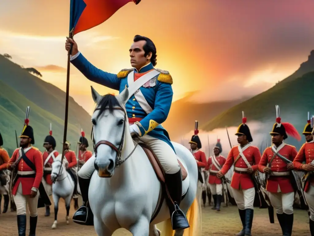 Épica pintura vintage de Simón Bolívar liderando a revolucionarios en los Andes al atardecer