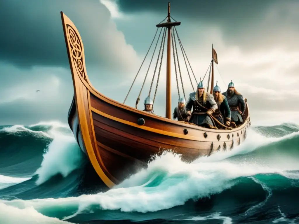 Un épico barco vikingo surca el mar tormentoso con dioses nórdicos y guerreros determinados, evocando las mitologías escandinavas