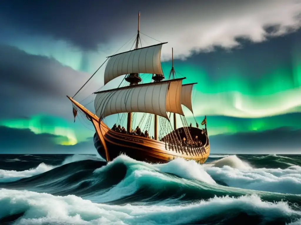 Un épico barco vikingo surca mares tormentosos bajo auroras boreales, con intrincados detalles nórdicos