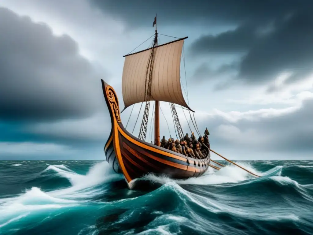 Un épico viaje de un drakkar vikingo surcando el mar en medio de una tormenta, con guerreros nórdicos remando con determinación