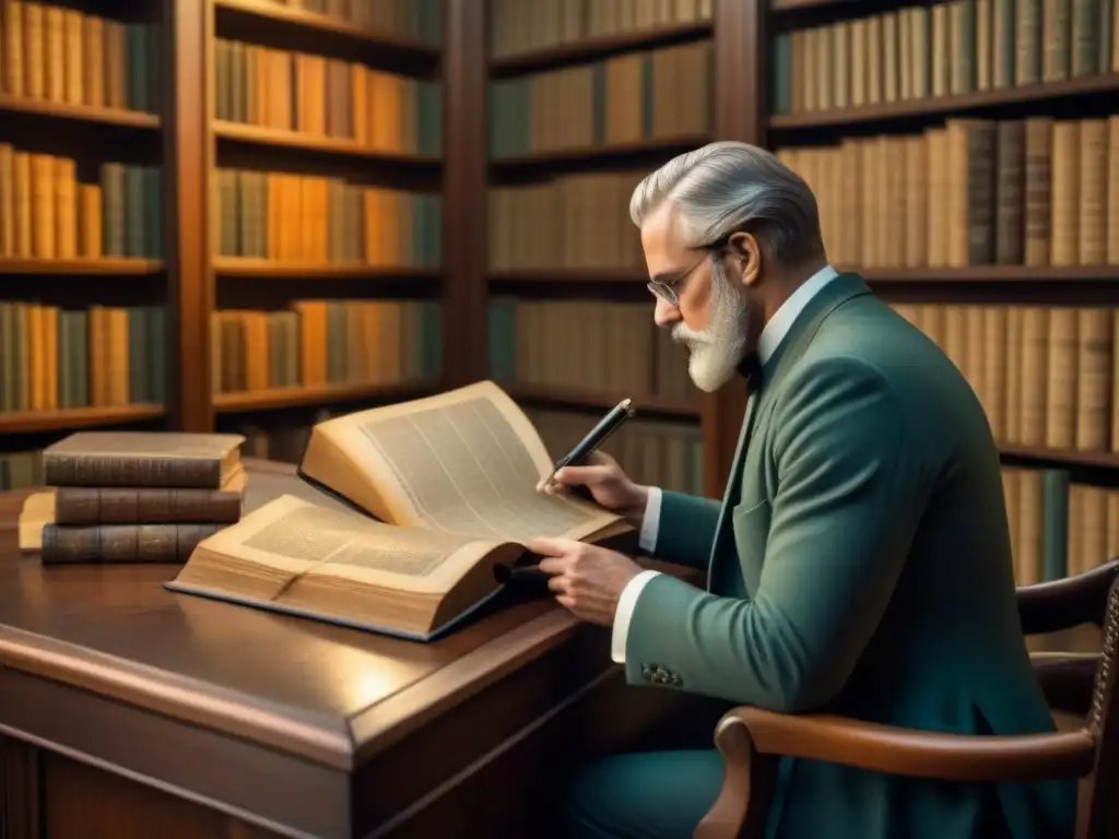 Un erudito en una biblioteca iluminada por tenues luces, examinando un árbol genealógico antiguo