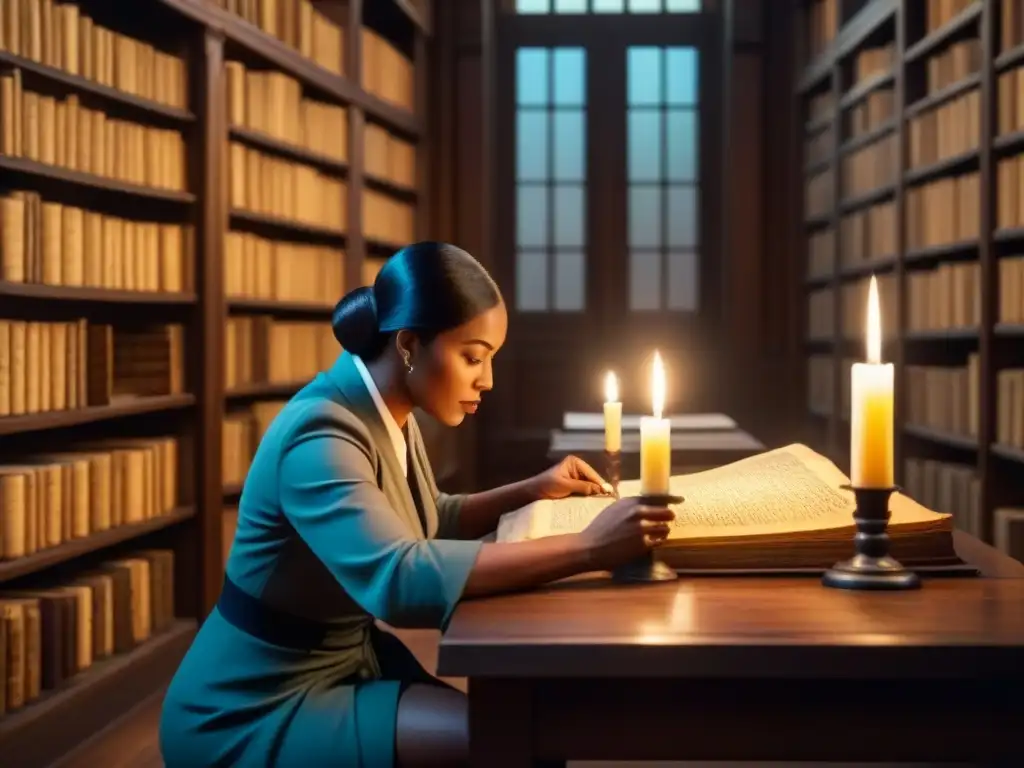 Un erudito descifra escrituras antiguas manuscritas en una biblioteca tenue a la luz de una vela