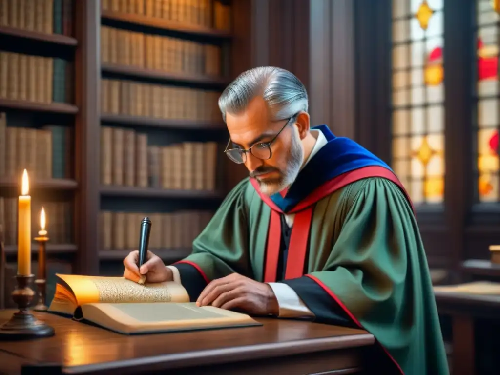 Un erudito decodificando escritura antigua en una biblioteca iluminada tenue, rodeado de manuscritos