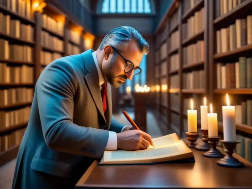 Un erudito escudriña un documento antiguo bajo la luz de una vela en una biblioteca, rodeado de libros antiguos y artefactos históricos