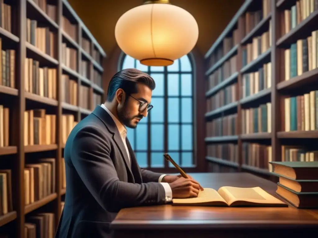 Un erudito analiza un manuscrito antiguo en una biblioteca iluminada, rodeado de libros y pergaminos en polvo