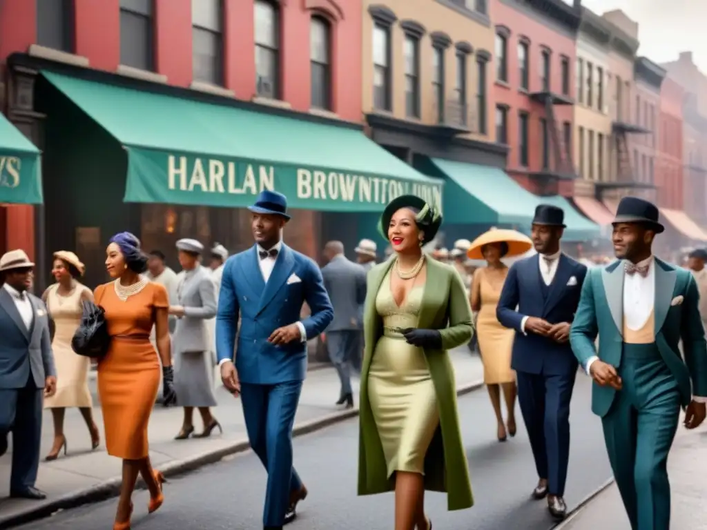 Escena animada en una calle de Harlem en los años 20, con afroamericanos vestidos de época