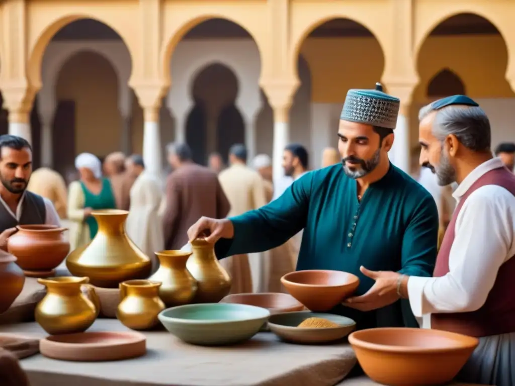 Escena animada de mercado andaluz con intercambio de bienes y conversaciones, reflejando la rica cultura de Andalucía