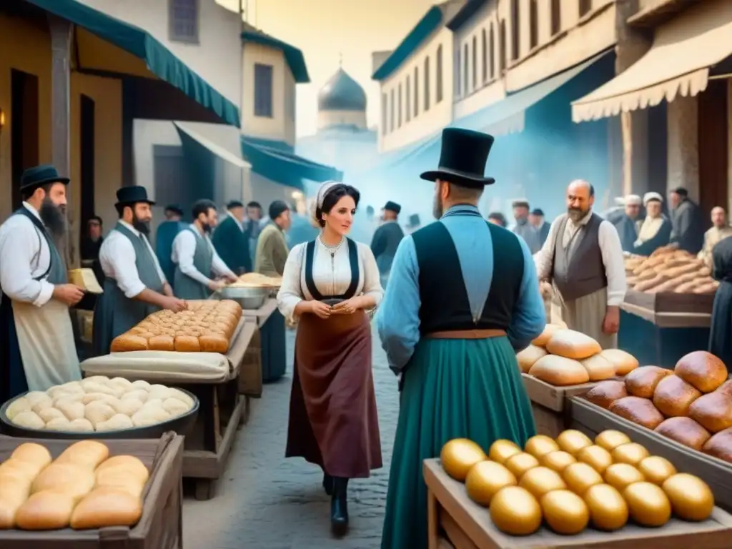 Escena animada de mercado judío ashkenazí en los años 1900